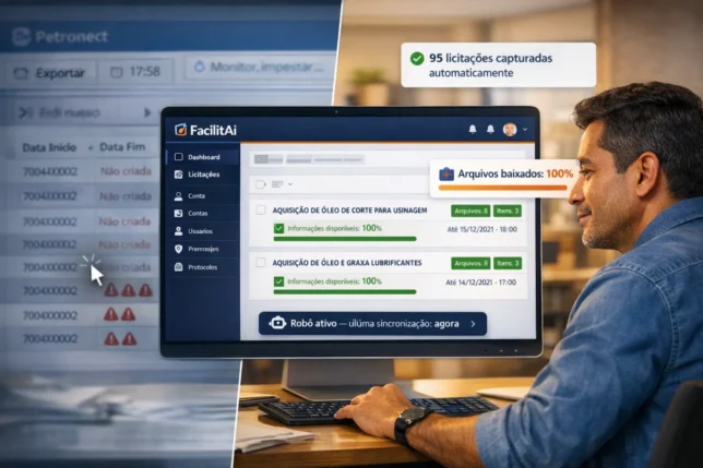 Portal da Facilitai organizando licitações da Petrobras automaticamente, com 95 oportunidades capturadas e documentos baixados sem intervenção manual