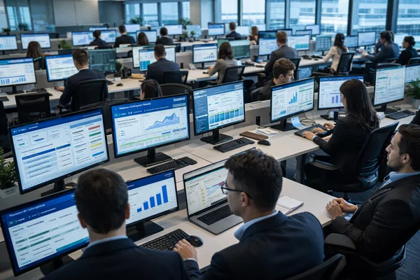 Grande equipe operando licitações Petronect em escala com automação da Plataforma Facilitai